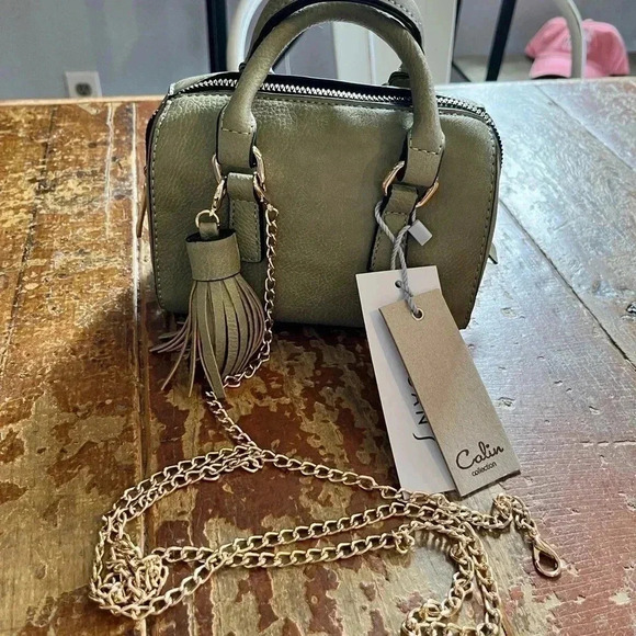 Mini satchel bag, vegan leather, green, optional chain strap, tassel detail NWT - Picture 3 of 5